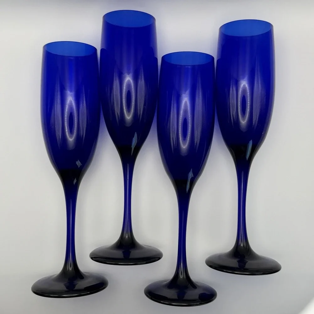Libbey Premier Cobalt Blue Champagne Flutes Set‎ of 8 Glasses 8.25